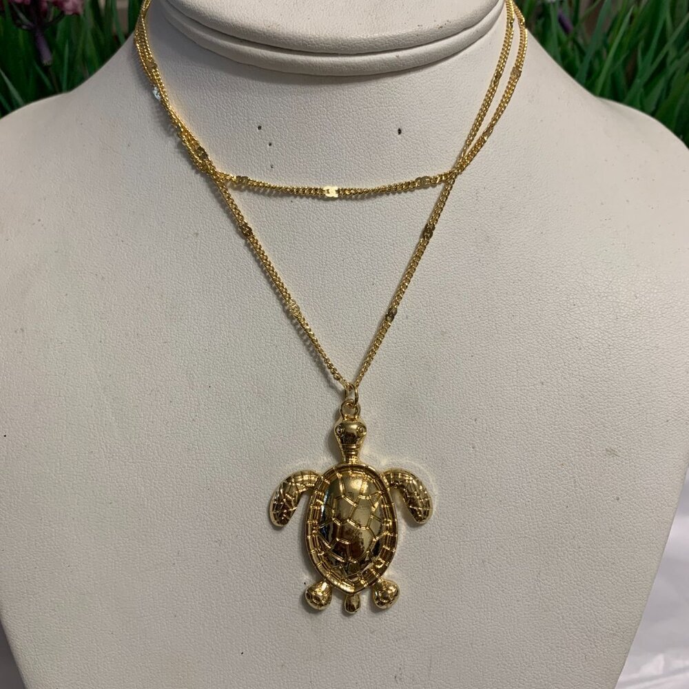 GOLD PLATED LARGE TURTLE STATEMEANT AUTUMN NECKLACE - Picture 3 of 3